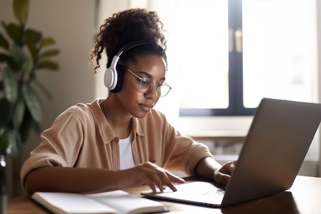 Photo young africanamerican woman studying online