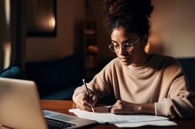 オンラインで勉強している若いアフリカ系アメリカ人女性