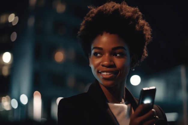 A young africanamerican woman trendy clothes using mobile phone with background of urban city street at night Generative AI AIG18