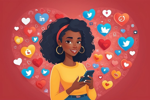 Photo young africanamerican woman using a smartphone with many social media heart like icons