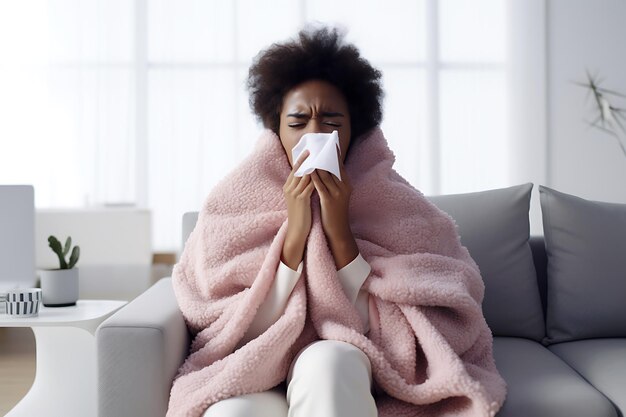 Молодая афроамериканка с простудой, обернутая в серое одеяло, сидит на сером диване.
