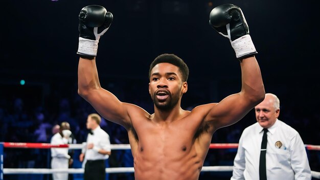 Young afro american boxer celebrating his victory with raised arm in black glove