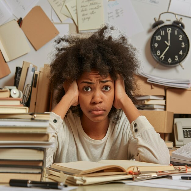 Foto giovane donna afroamericana sopraffatta e stressata dalla quantità di lavoro