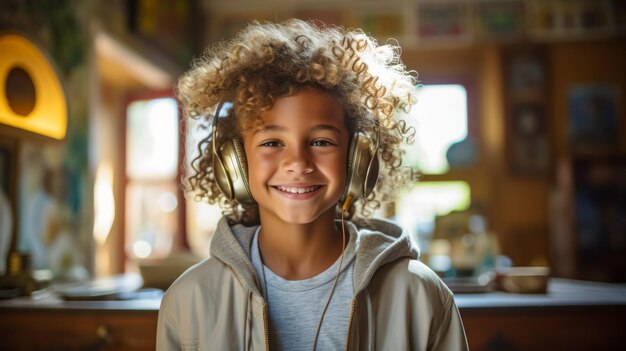 A young Afro boy 7 years old enjoying music in her cozy living room