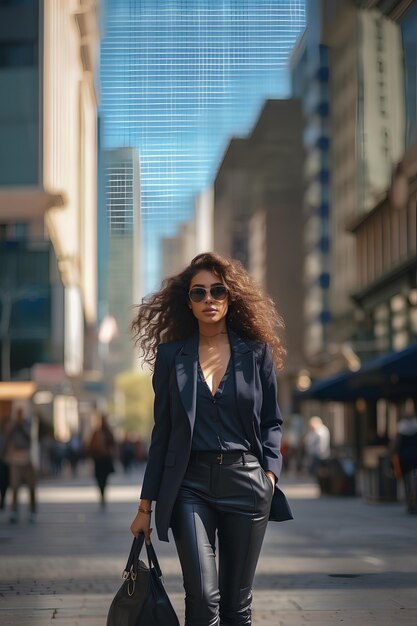 Photo young afro businesswoman walking down the streets in the city