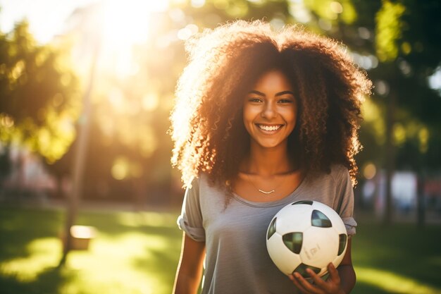 幸せで笑顔の若いアフリカ系女性サッカー選手が手にサッカーボールを握っています