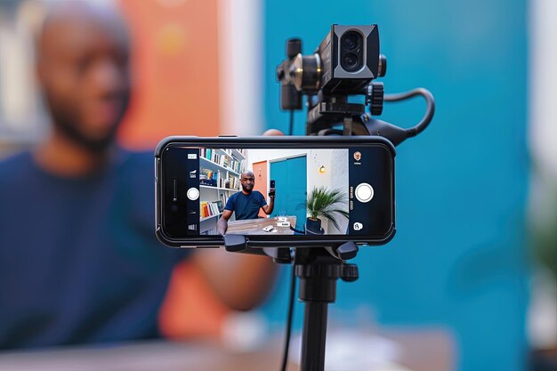 Young afro male influencer recording a video for social media