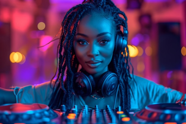 Young AfroAmerican DJ woman in night club