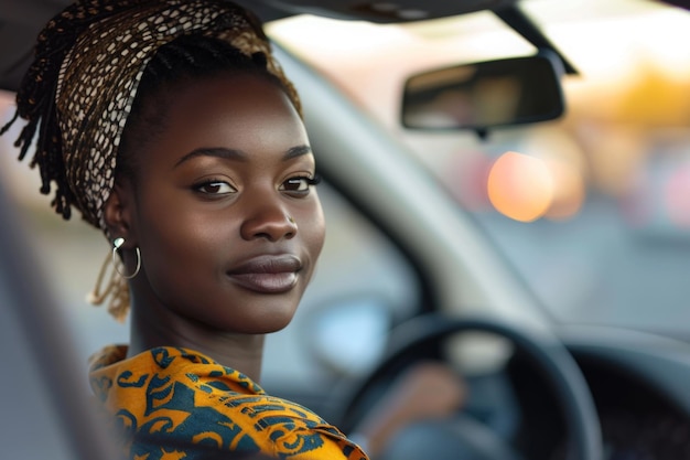Молодая афроамериканка за рулем машины.