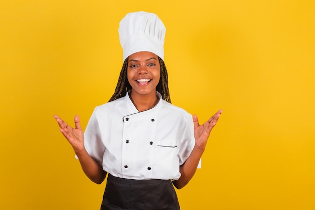 Young AfroBrazilian woman chef with open arms incredible unbelievable fantastic