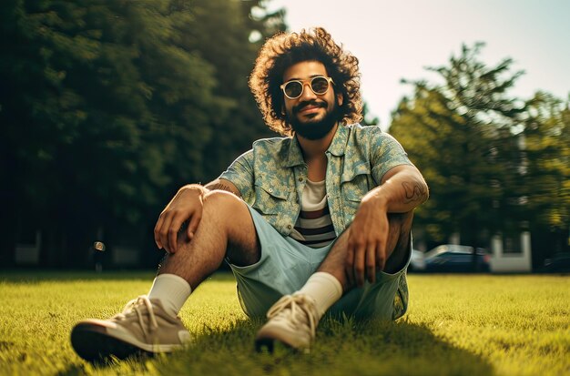 young afrohaired man sitting in park sunbathing