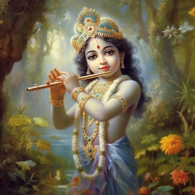 Photo a young age hindu god krishna taking flute in his hand image