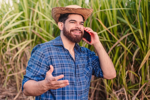 Young agricultural worker agronomist wearing straw hat talking on cell phone audio call with sugarcane plantation in the background
