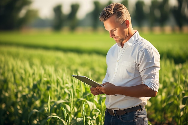 Young agronomist in white shirt and blue jeans using tablet in field