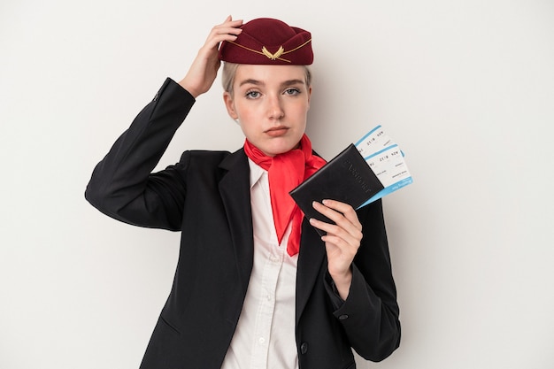 Young air hostess caucasian woman holding passport isolated on white background being shocked, she has remembered important meeting.