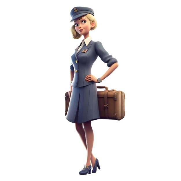 Photo young airline stewardess with a suitcase. 3d rendering