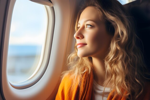 Young airplane passenger looking at the sky from the window Vacation and transportation concept