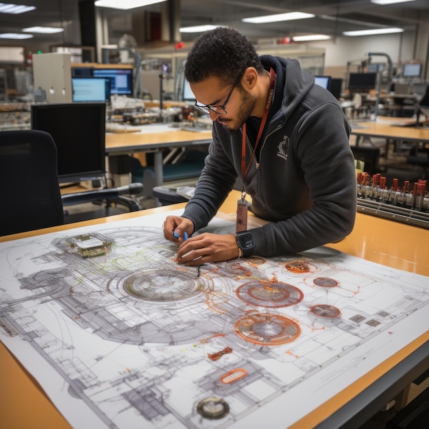 young american architect working on blueprint at modern industrial factory