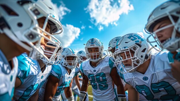 Foto giovani giocatori di football americano radunati in una riunione di squadra sotto il cielo blu