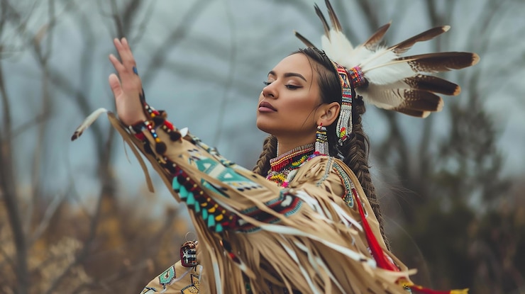 Photo アパッチ族の伝統的な衣装を着て踊る若いアメリカインディアン女性