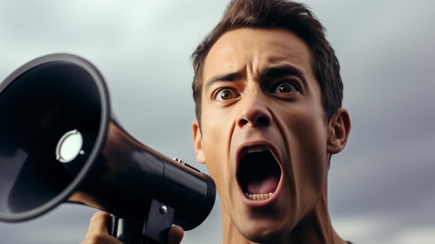 a young American male in hat wearing black shirt speaks on loudspeaker and Looking at up