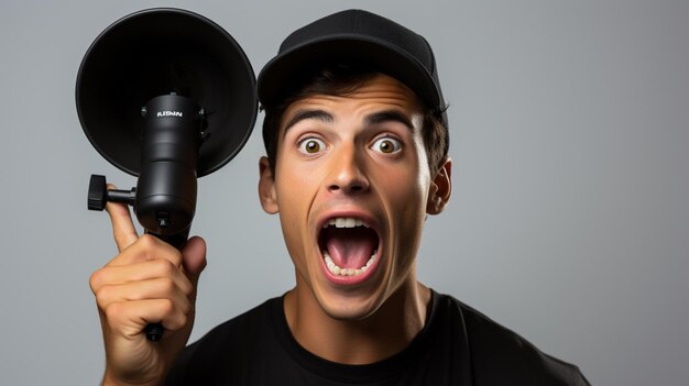 a young American male in hat wearing black shirt speaks on loudspeaker and Looking at up