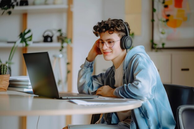 Photo a young american man student sitting at the table using headphones when studying
