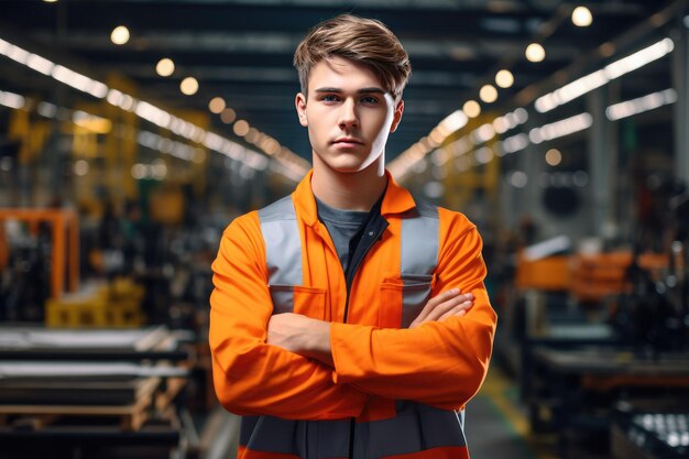 Young american worker intend to work in a heavy industrial factory looking and control machine