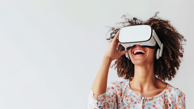 Young amuzed smiling woman wearing VR glasses