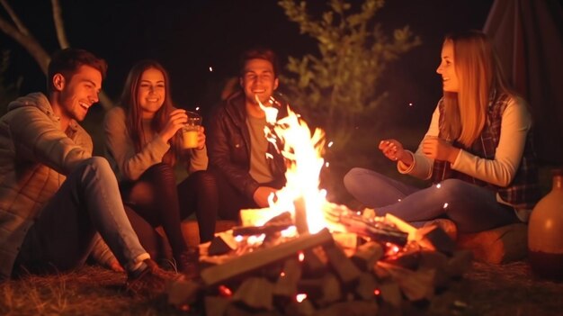 사진 젊고 즐거운 친구 들 이 밤 에 불 근처 에 앉아 마시멜로우 를  ⁇ 는다