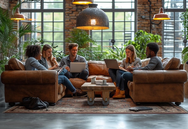 Фото Молодая и разнообразная группа людей, пьющих кофе и расслабляющихся после работы в маркетинговой компании