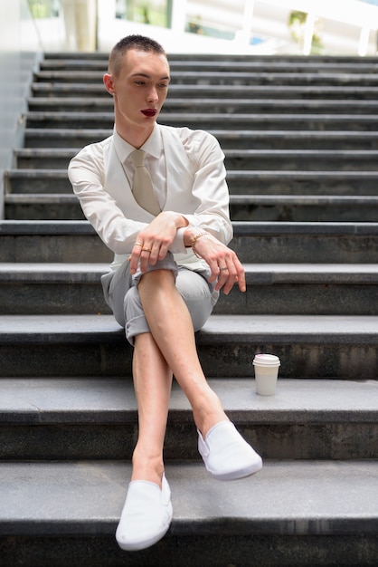 Young androgynous businessman sitting on stairs