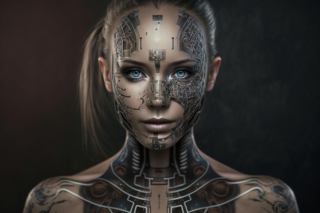 Young android head robot nice blond woman with part of skin and metal on a face close up