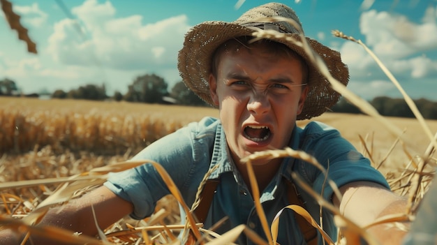 Photo a young angry french agricultor the field landscape from the back