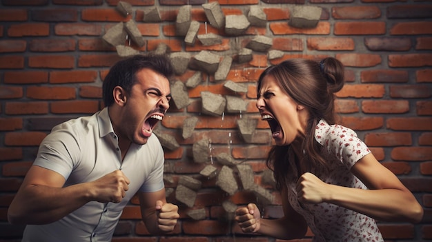 young angry man and woman screaming in front of angry other couple