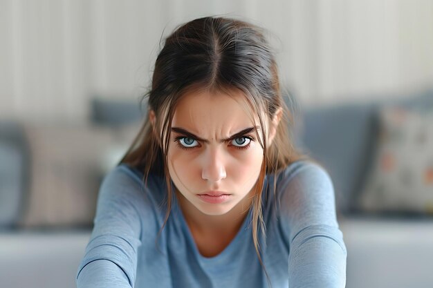 Photo young angry student woman at home