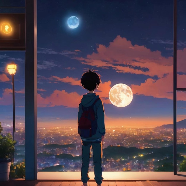 Young animated boy staring at the moon
