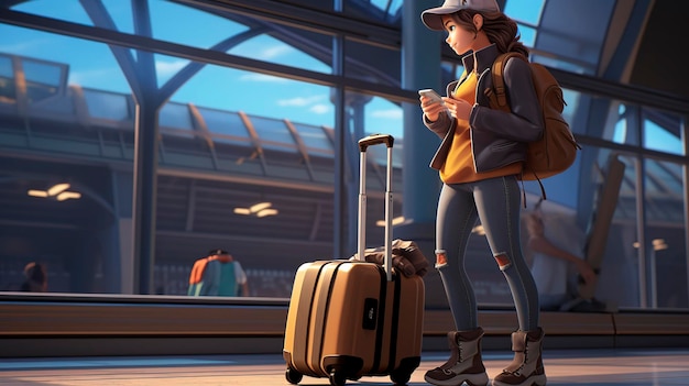 列車駅で荷物を持って座っている若いアニメーション女性