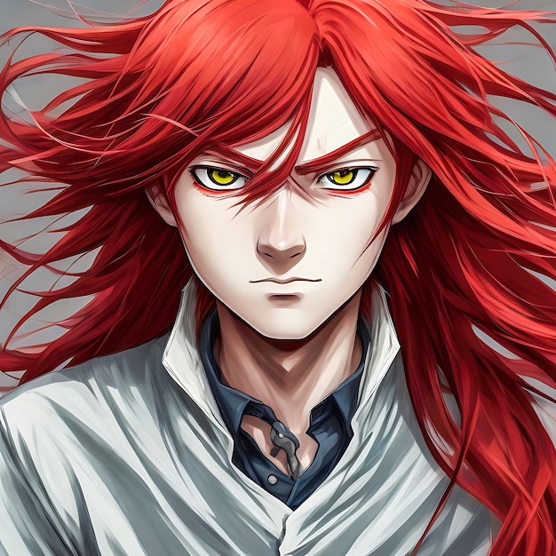 A young anime boy with long red hair generative AI