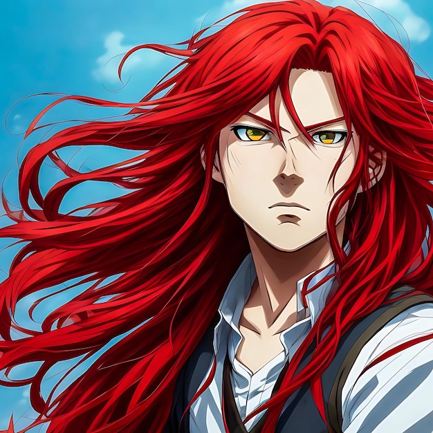 A young anime boy with long red hair generative AI