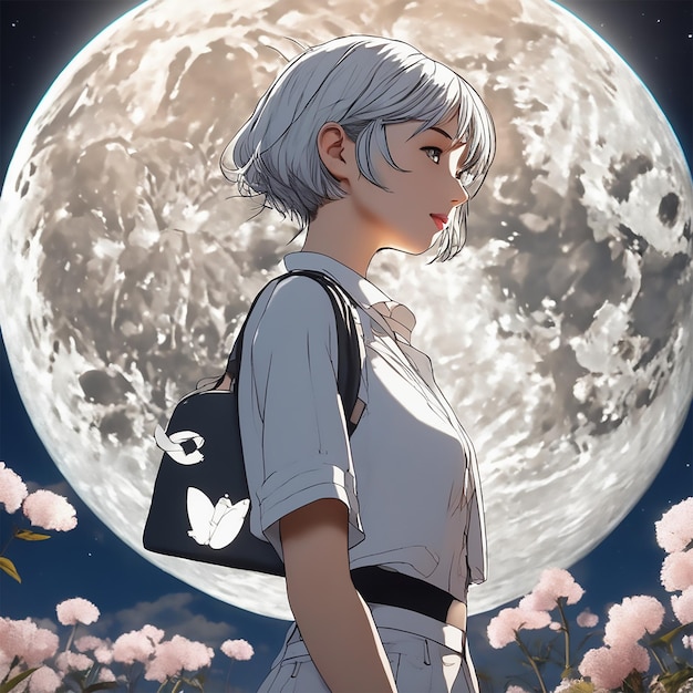 Premium AI Image  Young Anime Girl With White Short Hair Walking Under The  Moon Light 3d UHD HD 4k Ultra 20