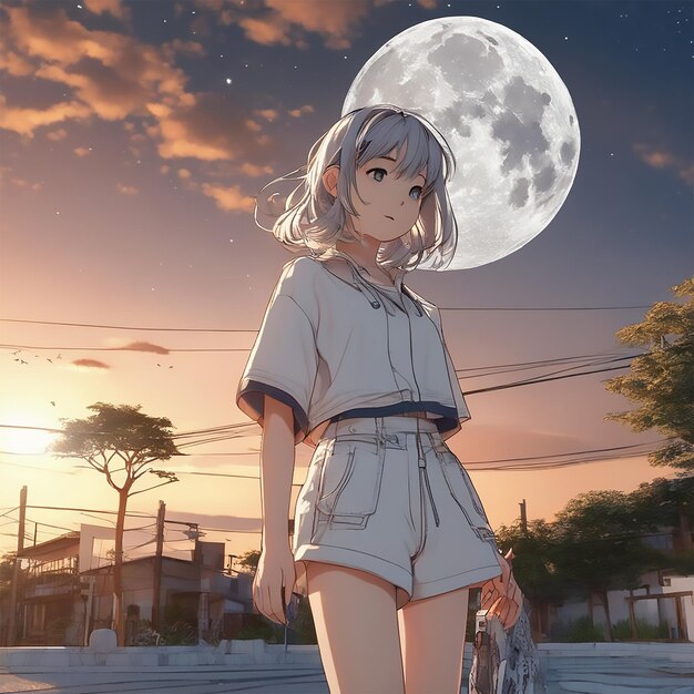 Young anime girl with white short hair walking under the moon light 3d uhd hd 4k ultra 20