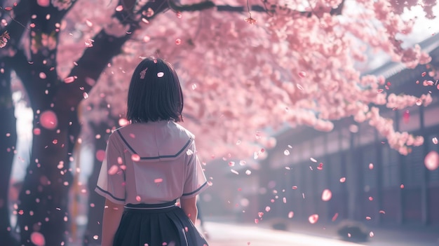 A young anime woman in school uniform from behind standing amidst a shower of cherry blossom