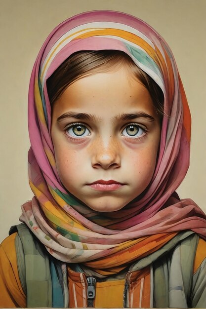 Young Arab girl in traditional clothing with hijab strong expression direct gaze