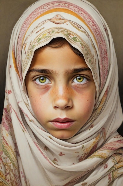 Young Arab girl in traditional clothing with hijab strong expression direct gaze
