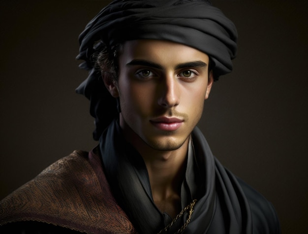 Photo young arab man in national clothes in turban a scarf on his head muslim man on a dark background