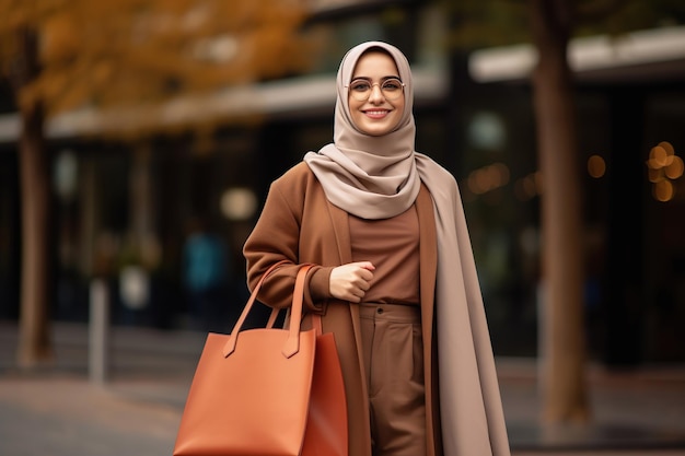 Young arab shopaholic woman with shopping bag street city lifestyle