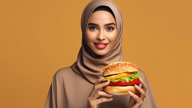 Young Arab woman holding a burger over isolated background Generative AI