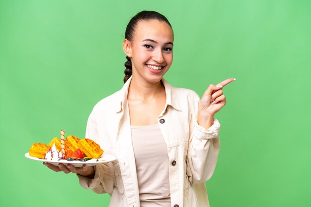 Молодая арабская женщина держит вафли на изолированном фоне, указывая пальцем в сторону