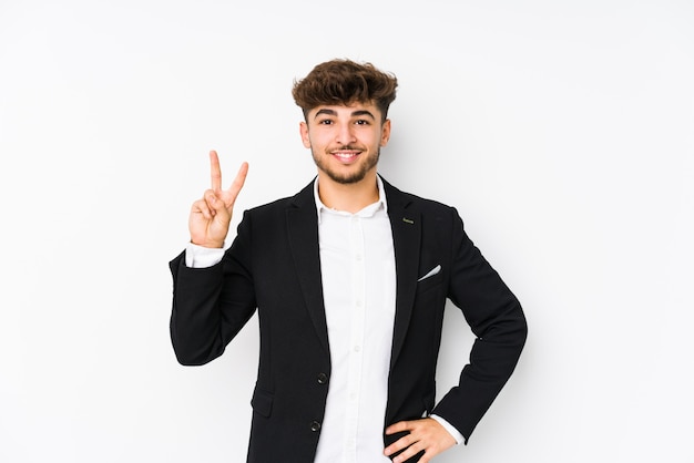 Young arabian business man isolated showing number two with fingers.